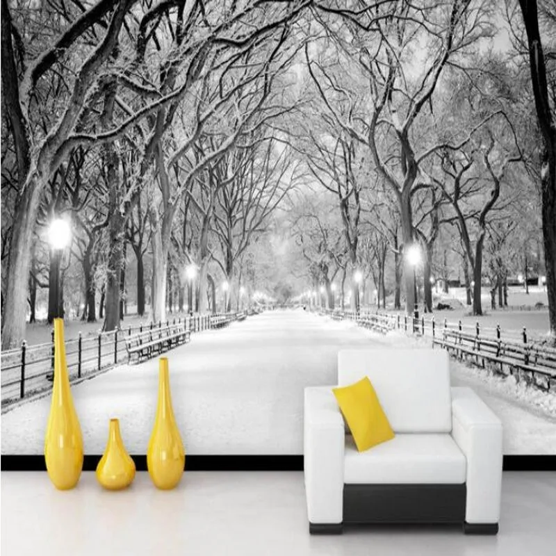 beibehang 3d wallpaper custom mural non-woven wall sticker Black and white wood road snow TV setting wall painting photo for 3d