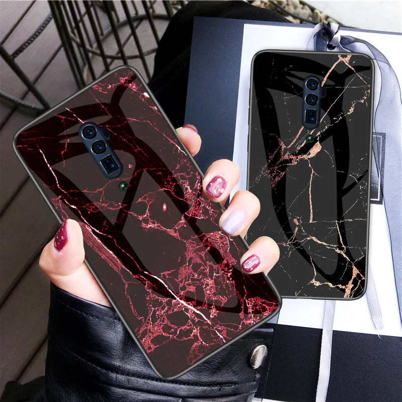 For OPPO Reno 10x zoom Case Luxury Marble Grain Hard Tempered Glass Protective Back Cover Case for Reno 10X Zoom phone shell