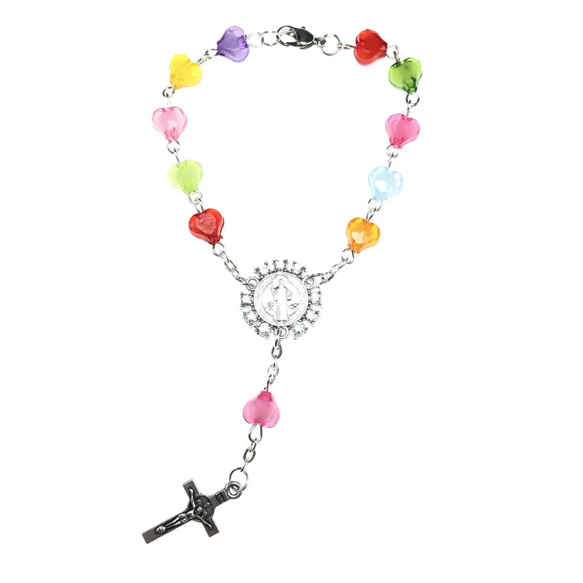 10pcs heart beads Saint Benedict Rosary bracelet Catholic Holy Communion Crucifix Pendants Bracelet gift