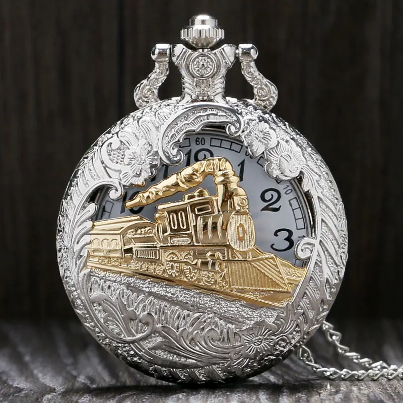 New Fashion Cool Hollow Silver & Golden Locomotive Quartz Design Pocket Watch With Necklace Chain Gift To Women Mem