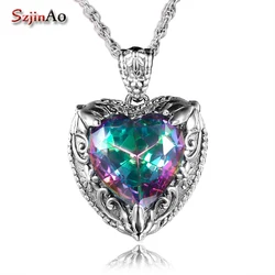 Szjinao Vintage Mystic Topaz Heart Necklace Pendant For Women Solid 925 Sterling Silver Rainbow Topaz Pendants Woman Jewelry Hot