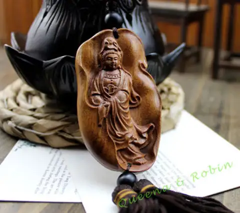 Wood Carving Chinese Knot Quan Guan Kwan Yin Car Pendant Amulet Wooden Craft