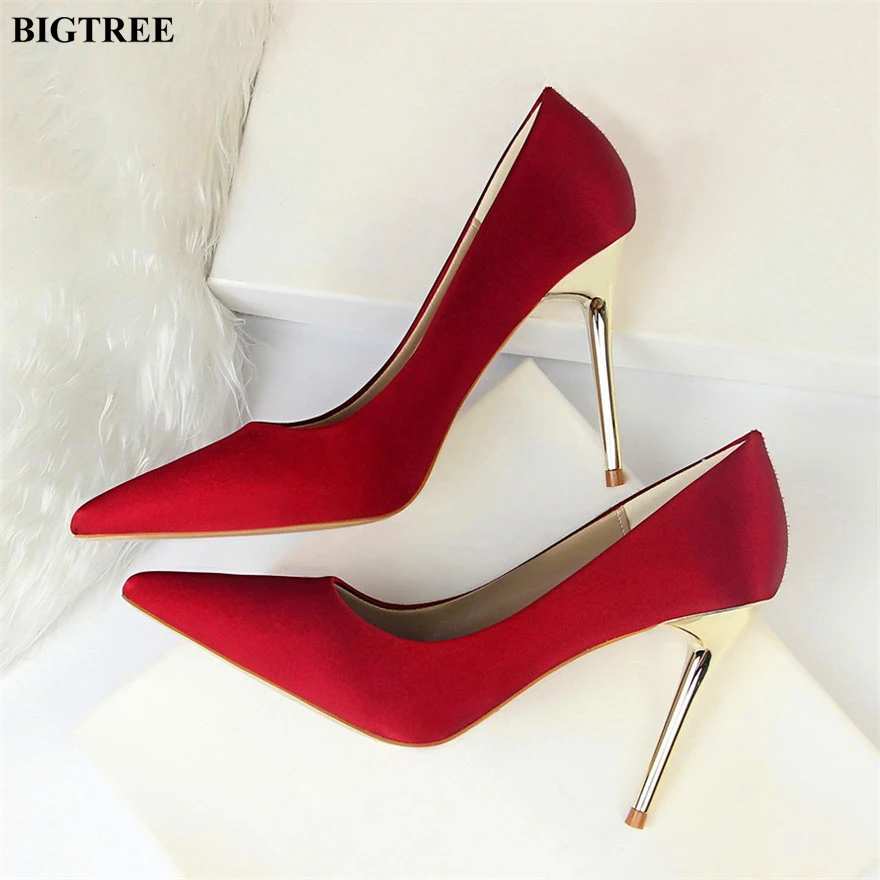 Fashion Metal Heel Wedding Shoes for Women Plus Size 34-43 Autumn Solid Silk Pointed Toe High Heels Stiletto Female Pumps Party