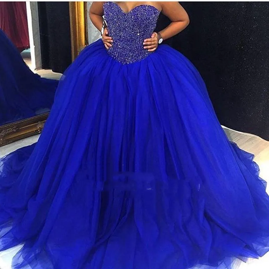 Vestido de baile de tul para quinceañera, traje de novia con cuentas de cristal de talla grande, dulce, azul real, barato, 16