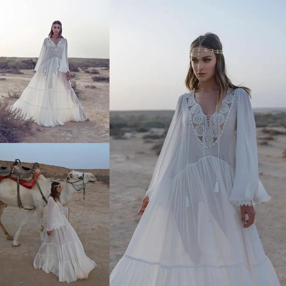 

2019 Bohemian Wedding Dresses V-Neck Long Sleeves Bridal Gowns Floor Length Beach A-Line Wedding Dress Robe De Mariee