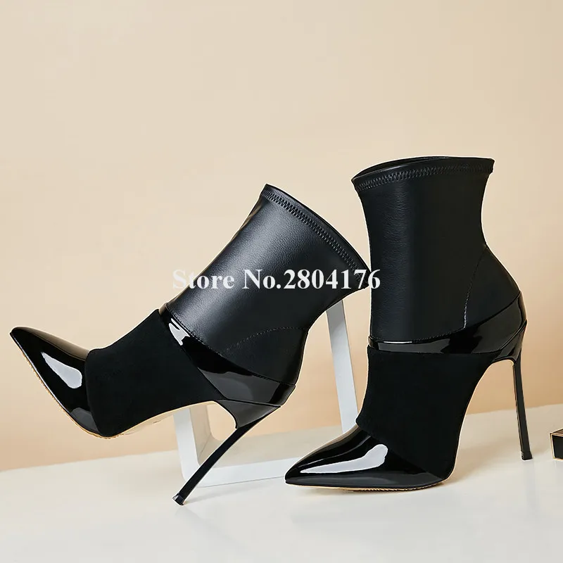 Brand Design Women Fashion Pointed Toe Leather Suede Patchwork Stiletto Metal Heel Short Boots Black High Heel Ankle Booties