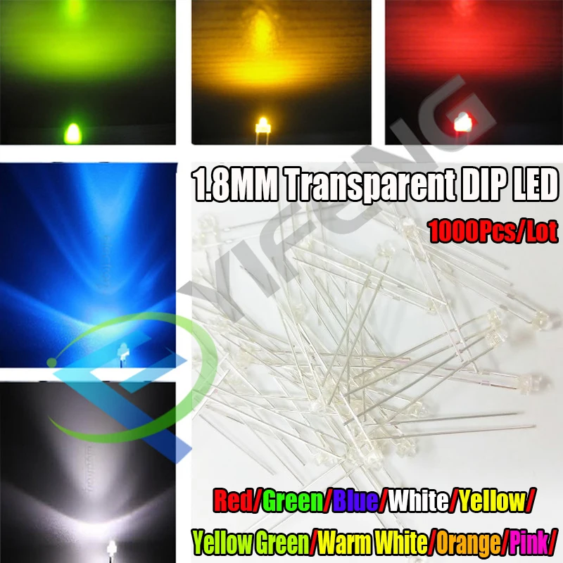 1000Pcs 1.8MM Red Yellow Blue Green White Orange Warm Pink Ultra Bright Water Clear Transparent DIP LED