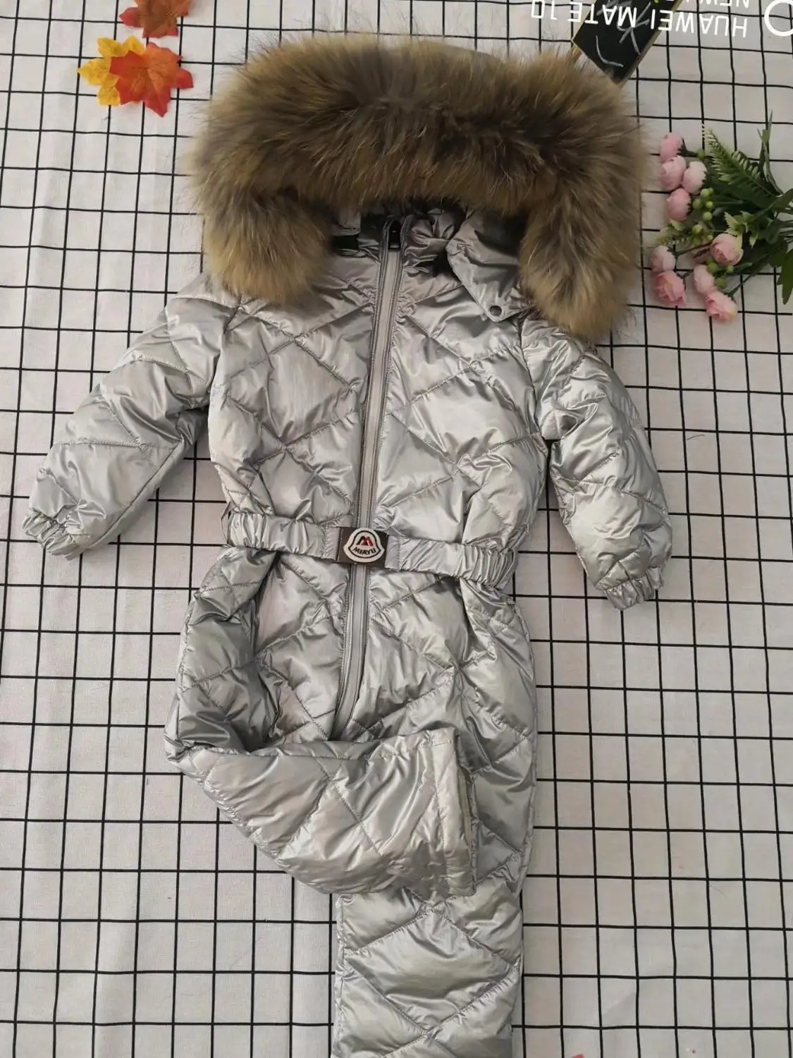 115cm -155cm jumpsuits 2021 Winter Jacket Children jumpsuit duck down Fur hooded girl snowsuit boy Suit set outerwear ski suit