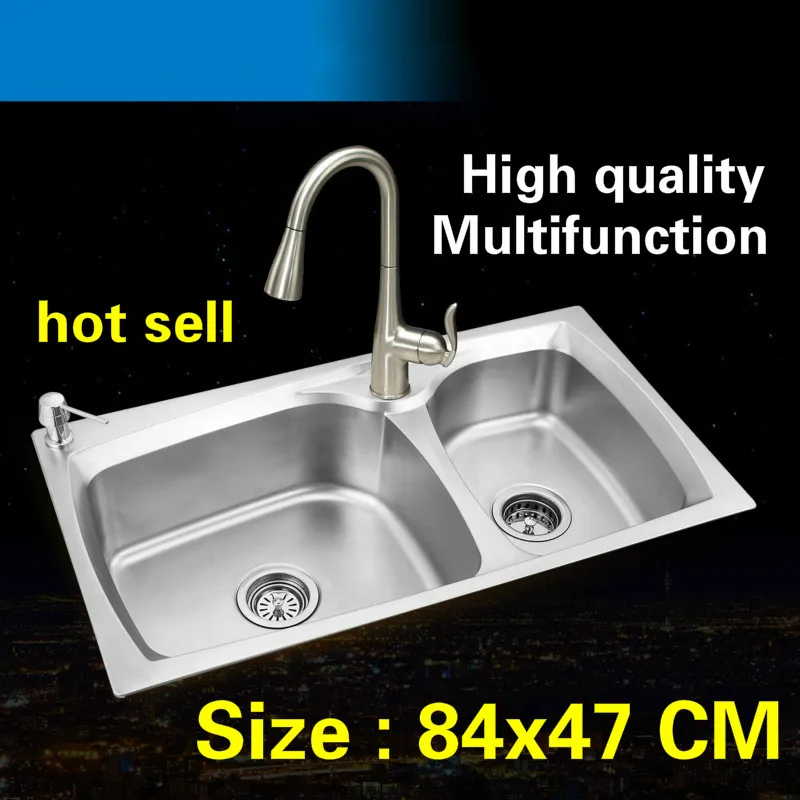 

Free shipping Standard luxurious hot sell kitchen double groove sink durable food grade stainless steel whole drawing 84x47 CM