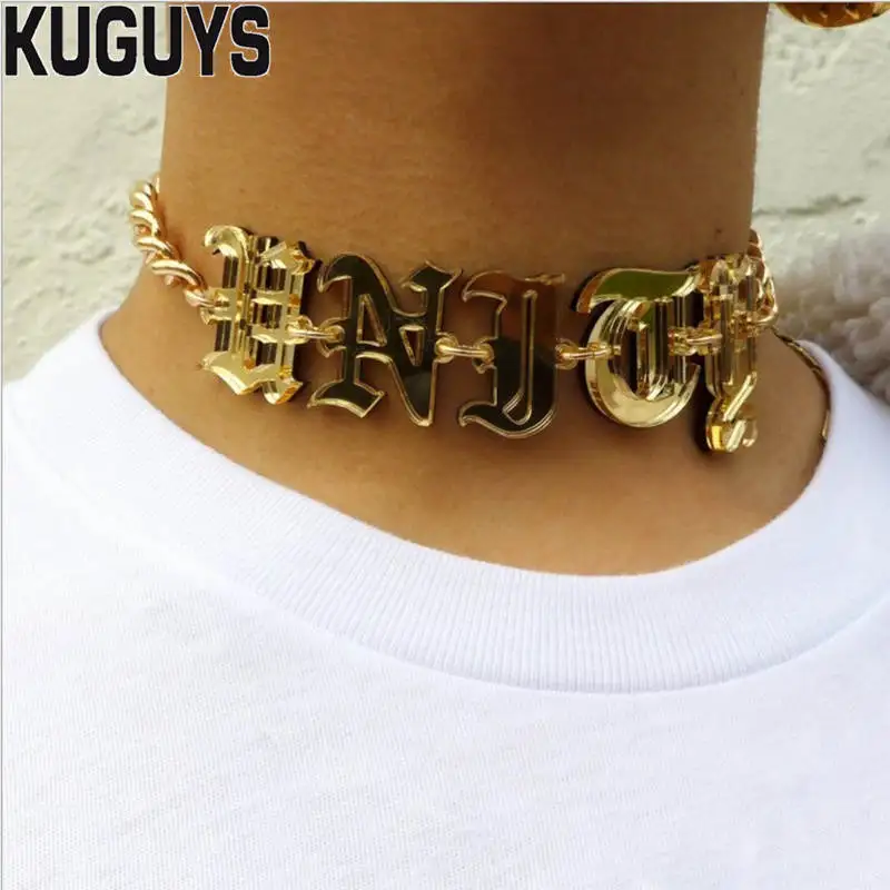 KUGUYS Letters Chokers Necklaces for Women Acrylic Mirror Gold Color Trendy Jewelry HipHop Punk Rock Girls Accessories