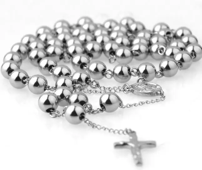 Cool religious Jewelry Large Heavy Stainless steel 8mm Ball Jesus Cross Rosary Necklace Chain 30\'\'+5\'\' for men