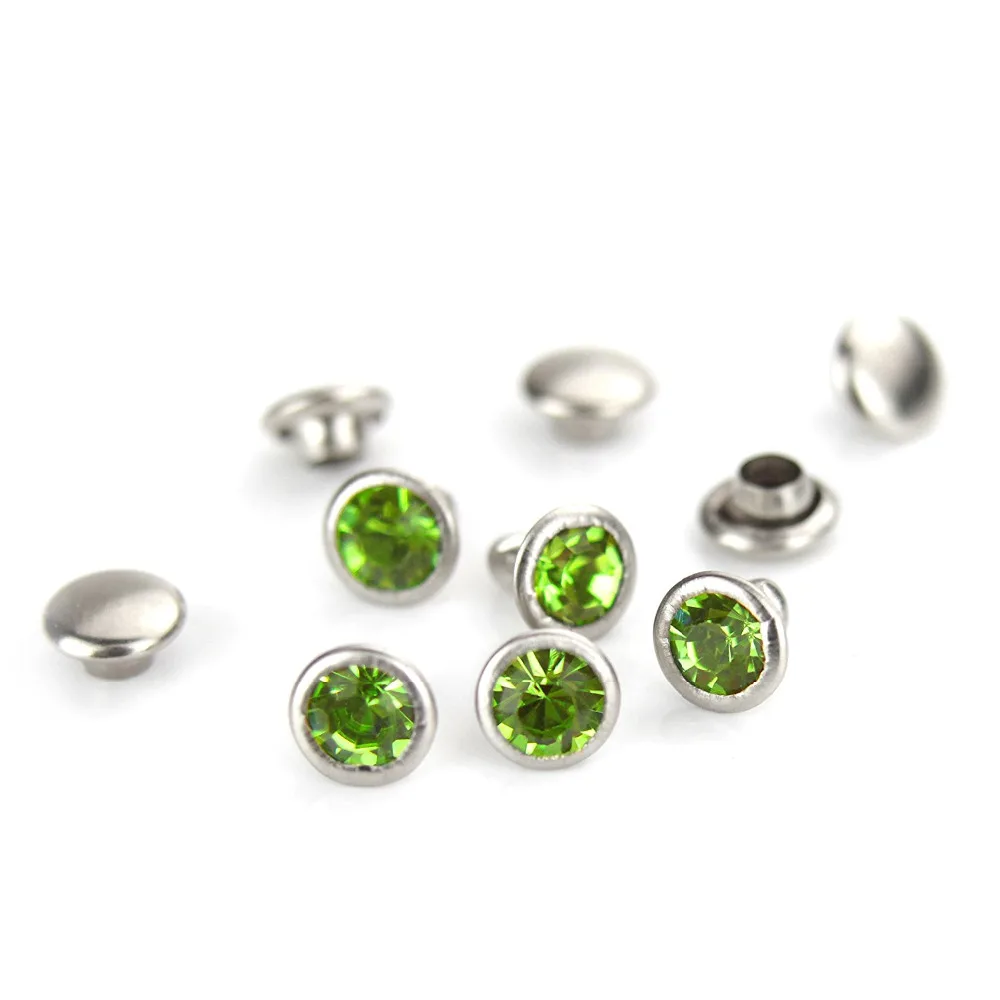 Yoranyo 100Sets 4MM Peridot Green CZ+++ Crystal Rivets Rhinestone Rivets Leather Craft Garment Punk Studs Fit For DIY Making