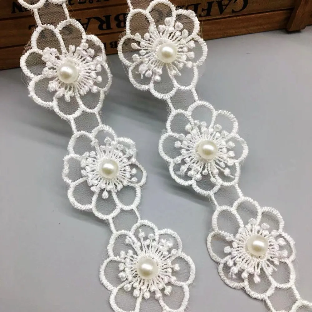 

1 Yard Organza Plum Blossom Flower Pearl Lace Trim Applique Trimmings Ribbon Fabric Embroidered Wedding Dress Hat Sewing Craft