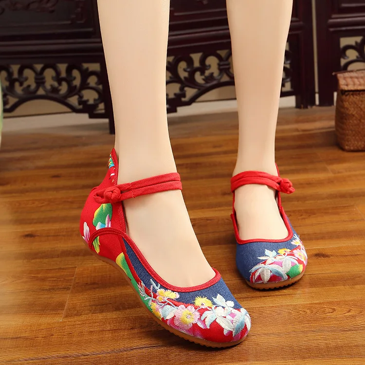 

Fitness Shoes Denim Upgrade Thickened Beef Tendon Bottom Embroidered Shoes Folk Style Square dDance Shoes For Women Practice