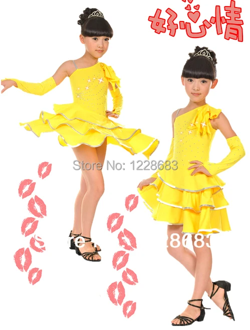 New Rhinestone Diamond Single Shoulder Strap Unequal Kids Girls Child Latin Dance Dress