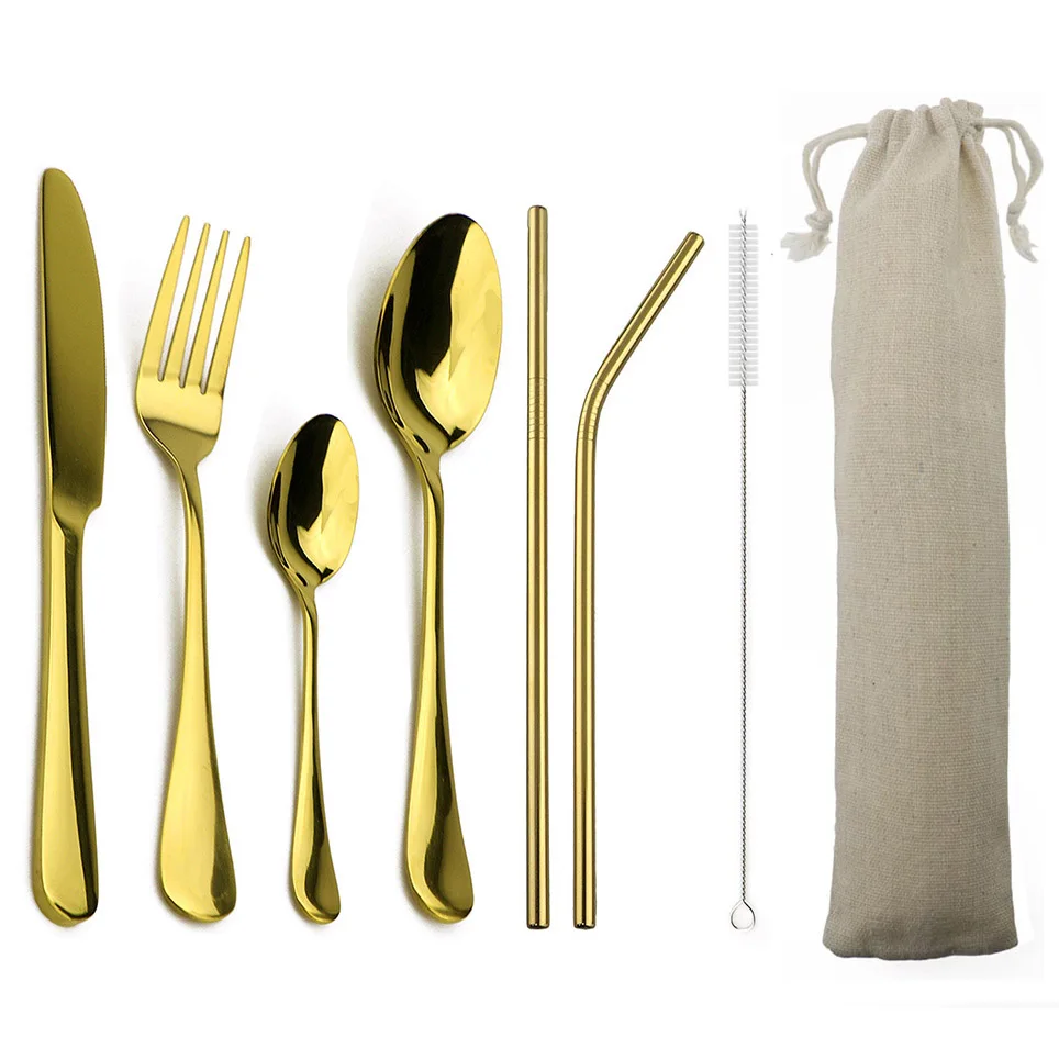 4-Pcs Blue Dinnerware with 2-Pcs Metal Straw Stainless Steel Colorful Tableware Knife Fork Teaspoon Silverware Cutlery