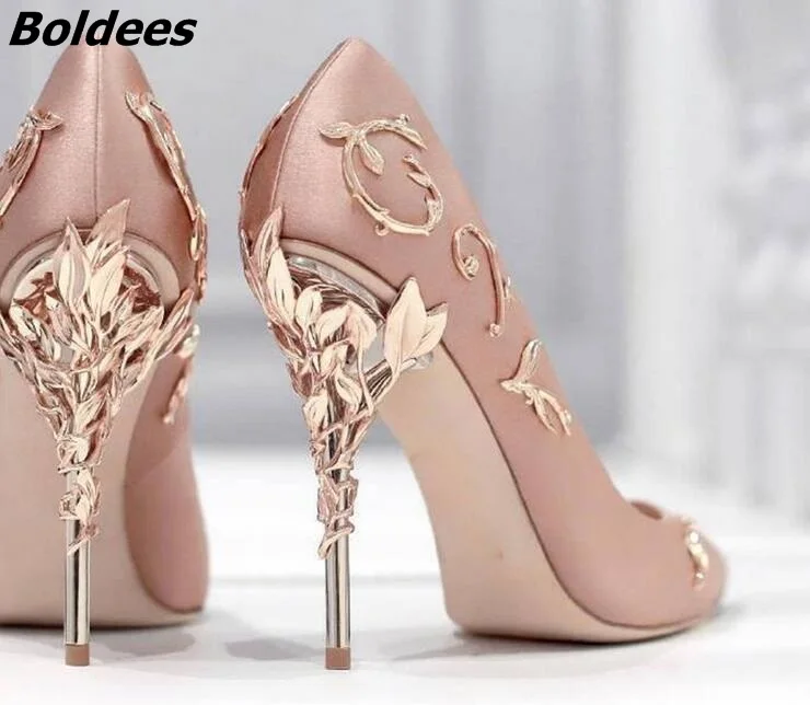 

New Arrival Awesome Pink Silk Metal Stiletto High Heel Shoes Women Fancy Metal Branch Decoration Thin Heel Pointy Pumps Hot Sell