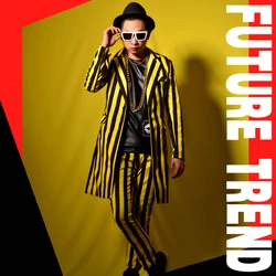 New Men's Fashion Slim DJ Stripes Medium Length Suit Spring Plus Size Jacket  Dress Male Singer Blazers Coats Costumes Clothing