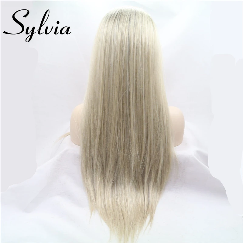 Sylvia Ombre Blonde Glueless Lace Front Wigs 2 Tone Color Brown Roots side Part Long Straight Heat Resistant Synthetic womenHair