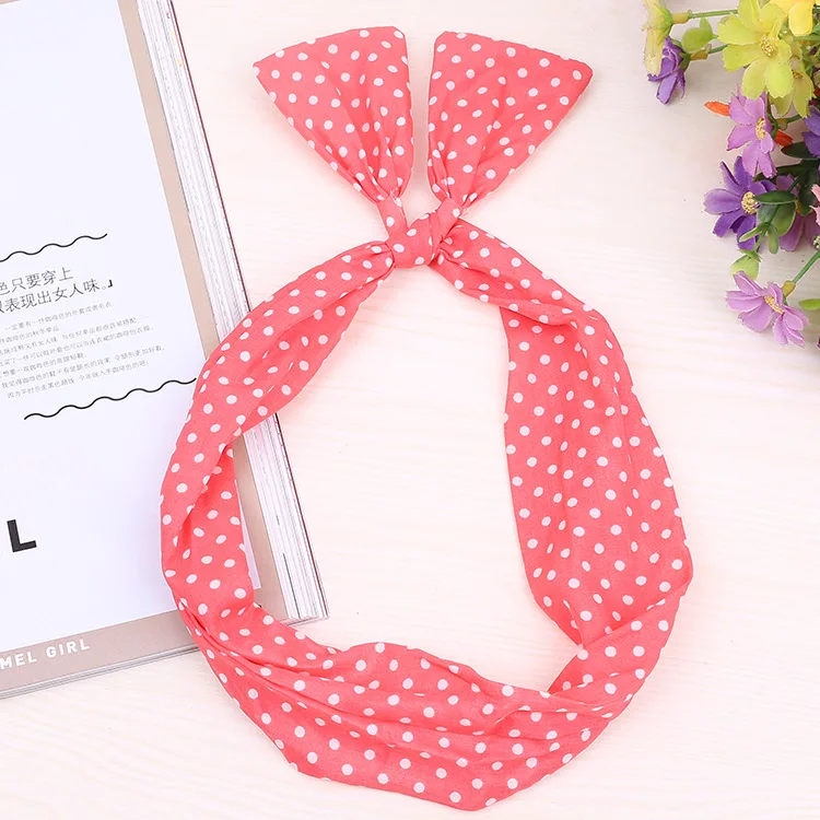 1Pc Cute Dot lip print flower Bunny Rabbit Ear Ribbon Headwear Hairband Metal Wire Scarf Headband Hair Band Accessories