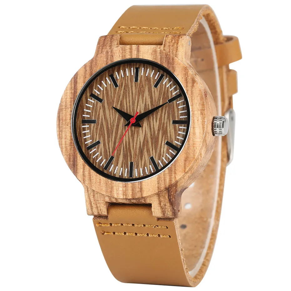 Brown Genuine Leather Wood Watch Men Coffee Stripes Unique Nature Wooden Men\'s Watch Quartz Movement reloj masculino New 2019