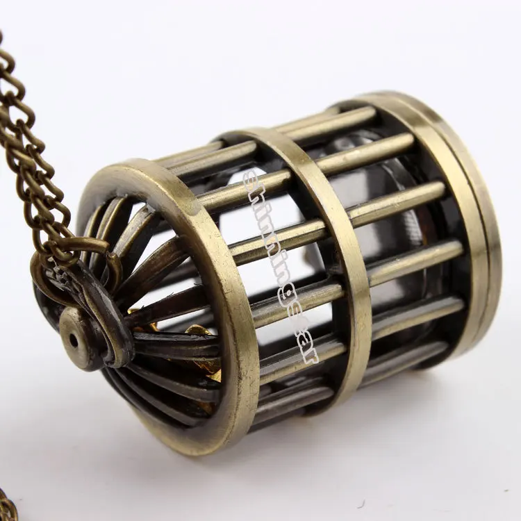 Fashion design bronze bird cage pocket watch necklace pendants chain retro mens watches relogio de bolso