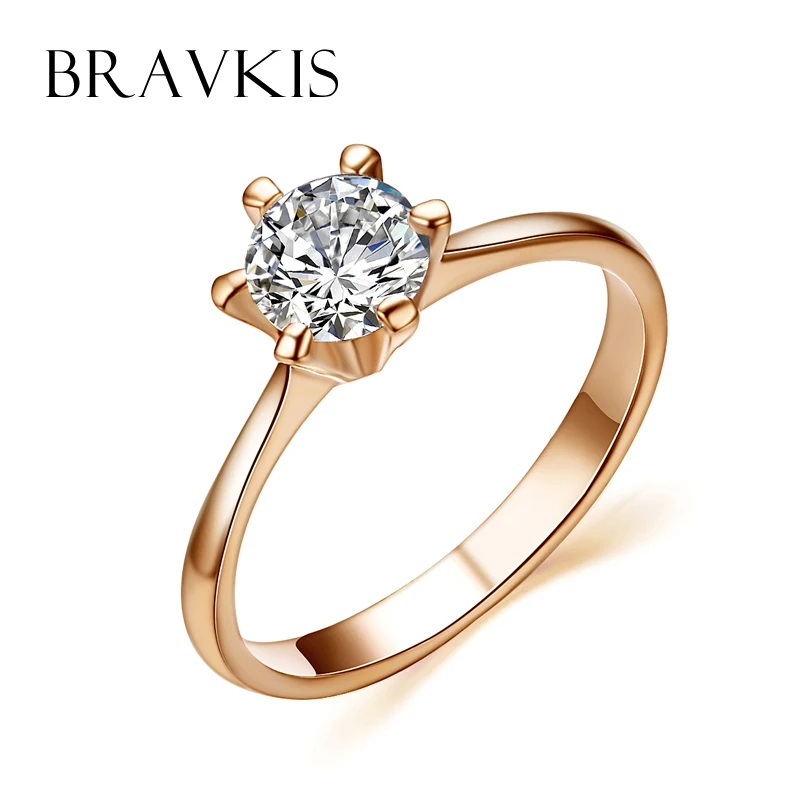 BRAVEKISS Vintage Rose Gold Color Promise Engagement Rings for Women Round CZ Stone Solitaire Ring Wedding Bands Jewel BJR0012A