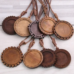 5pcs wood cabochon settings 25mm 30mm inner size blank cameo pendant base trays with leather cord for wooden jewelry making 8D