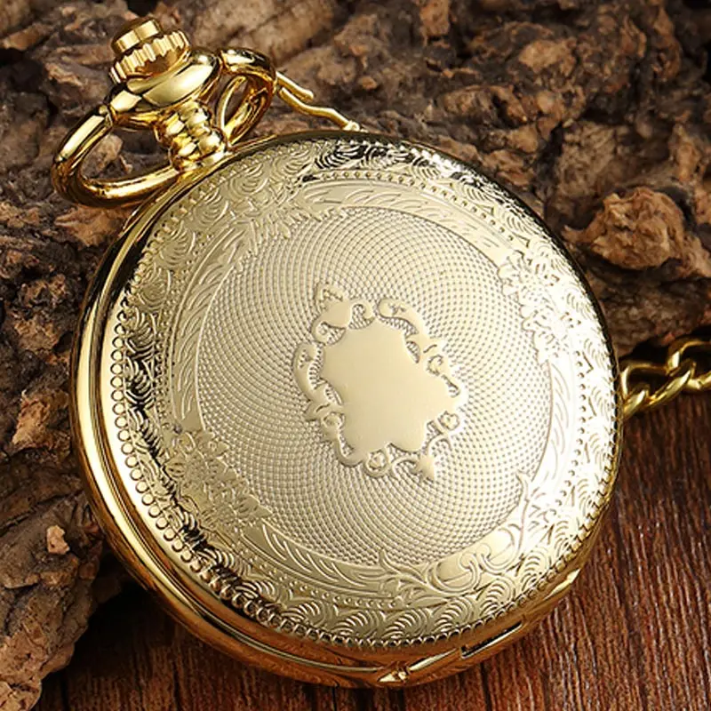 Golden Hollow Deer Pattern Mechanical Pocket Watch Vintage Double Side Steampunk Fob Clock Male Necklace Watch Chain Women Men