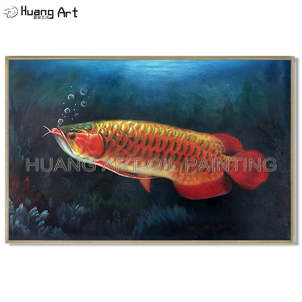 New Style High Quality Red Fish Animals Swim in the Sea Painting Hand-painted Realistically Gold Arowana Oil Painting for Decor