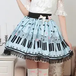 Piano Keyboard Printed Skirts Women Sky Blue Sweet A-Line Lolita Super Cute Girl Teen Horpsichord Pleated Lace Cat Bottoms