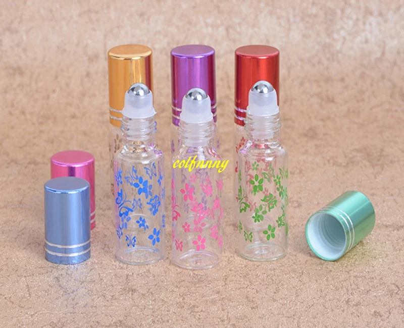 

200pc/lot Fast shipping 5ML Butterfly Printing Glass Essential Oil Roller Bottles 5CC Roll on Perfume Bottle 5 colors