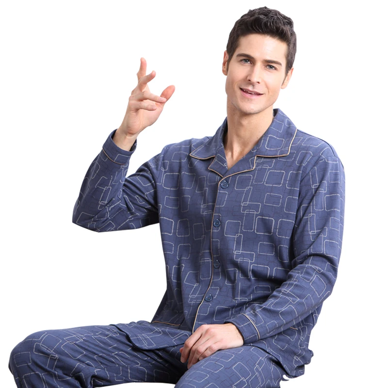 Men\'s Pajamas Long Sleeves Plus Size Top Pant Set Adult Cotton Homewear Male Pyjama Sleepwear Mens Pajamas Men Nightwear D-2200