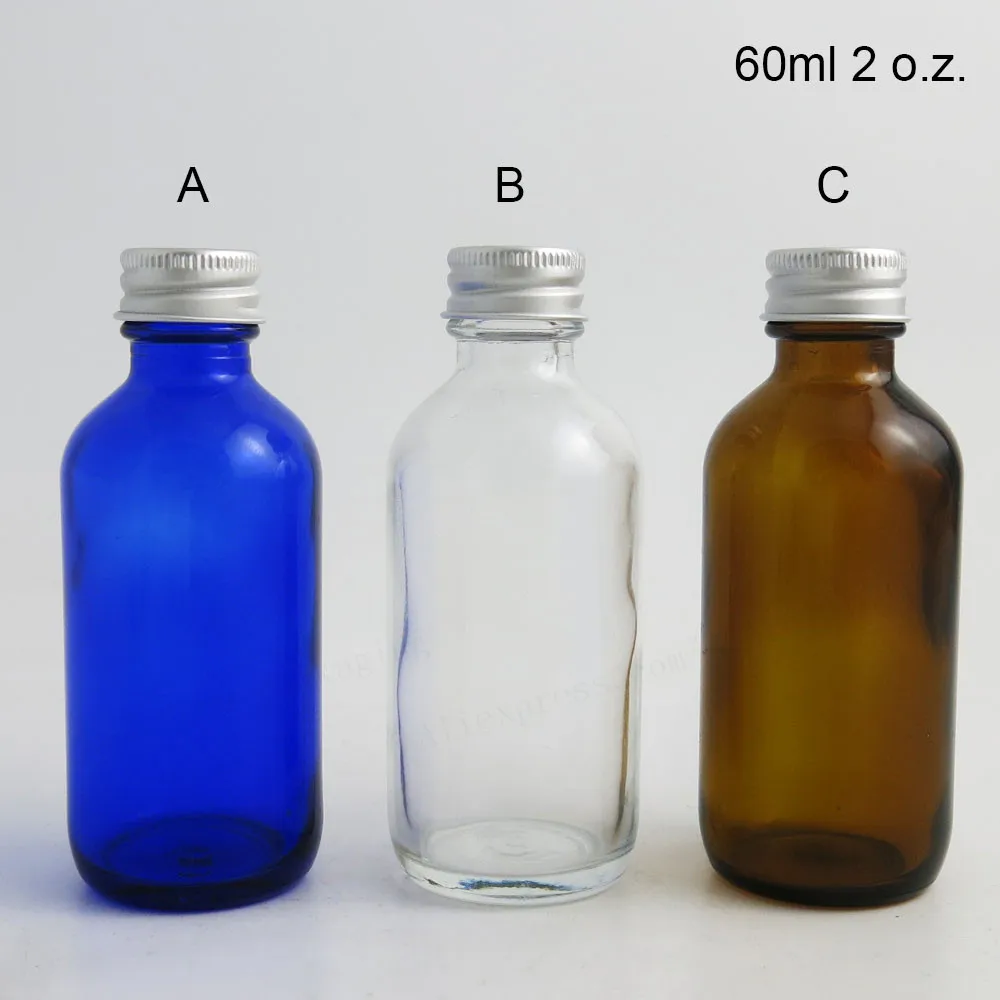 

24 x 60ml Cobalt Blue Clear Amber Glass Bottle With Aluminum Lids 2oz Glass Cosmetic Containers Boston Round Glass Bottles