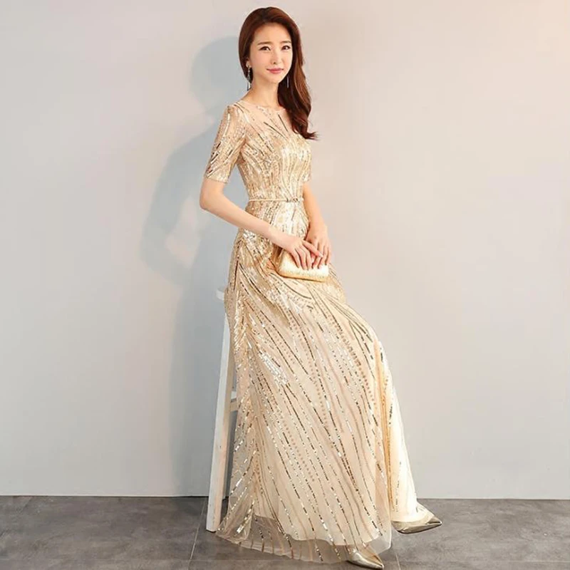 DONGCMY LONG FORMAL MAXI SEQUIN EVENING DRESSES 2024 GOLD COLOR ZIPPER FASHION WOMEN ROBES SOIREES PARTY PERFORMANCE DRESS