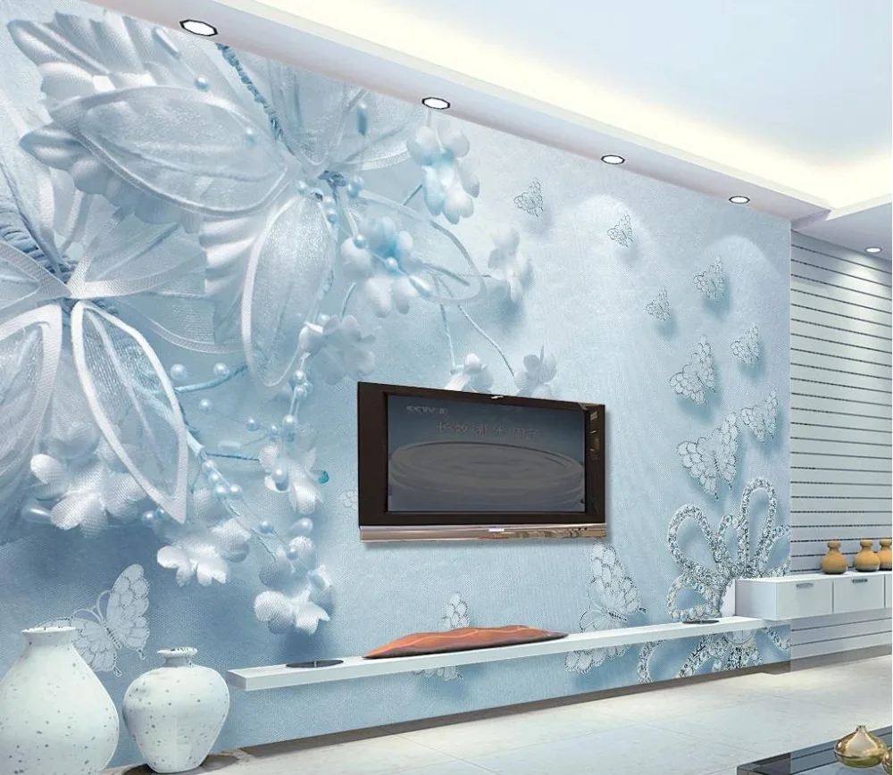 

European 3D Wallpaper flower butterfly Photo Wall Mural transparent blue Mural Wallpaper For Living room Tv Background Wallpaper