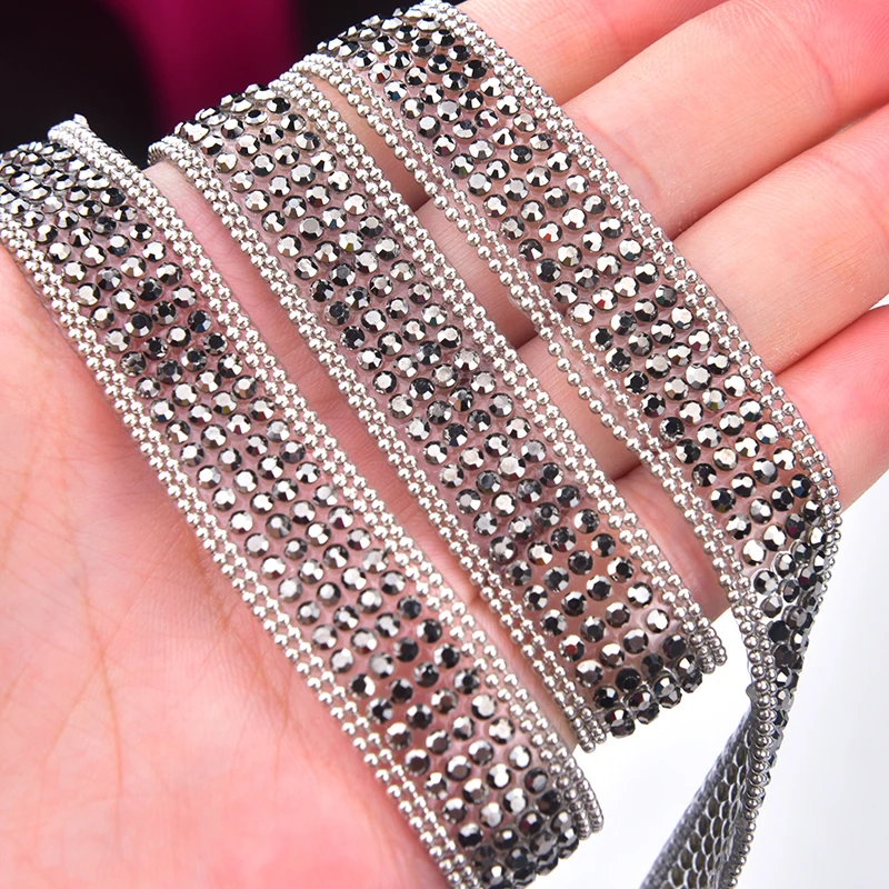 1/2 Yard Iron on Resin Rhinestone Trim Hot Fix Grey Diamond Crystal Tape Ribbon Banding for Clothing Shoes Bags Decoration