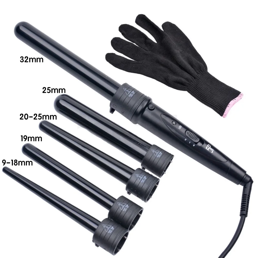 

5 in 1 Pro Hair Curling Irons Set Interchangeable Curler Rollers 5pcs Barrels Hair Crimper Styling Tools With Glove Black