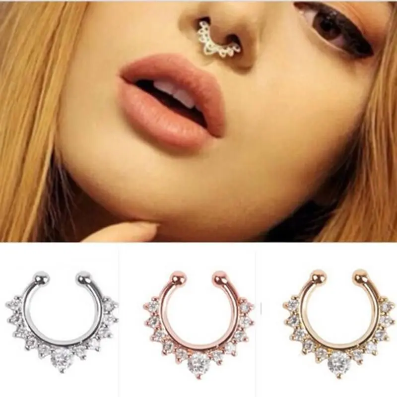 Septum Clicker falso de cristal para mujer, aro de Clip, anillo de nariz, Piercing de imitación chapado en oro y plata, regalo para hombres y niñas, joyería corporal, nuevo