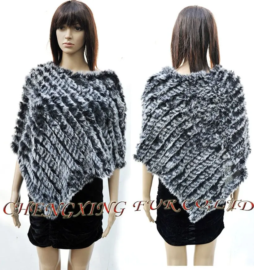 CX-B-13C Winter Fshionable Ladies Ranch Raised Rabbit Fur Knitted Triangular Poncho Shawl