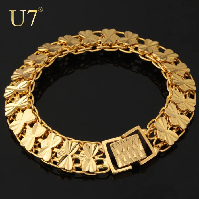 U7 Vintage Boho Style Gold Color Jewelry Wide Butterfly Charms Bracelets Beaded Link Chain QC24