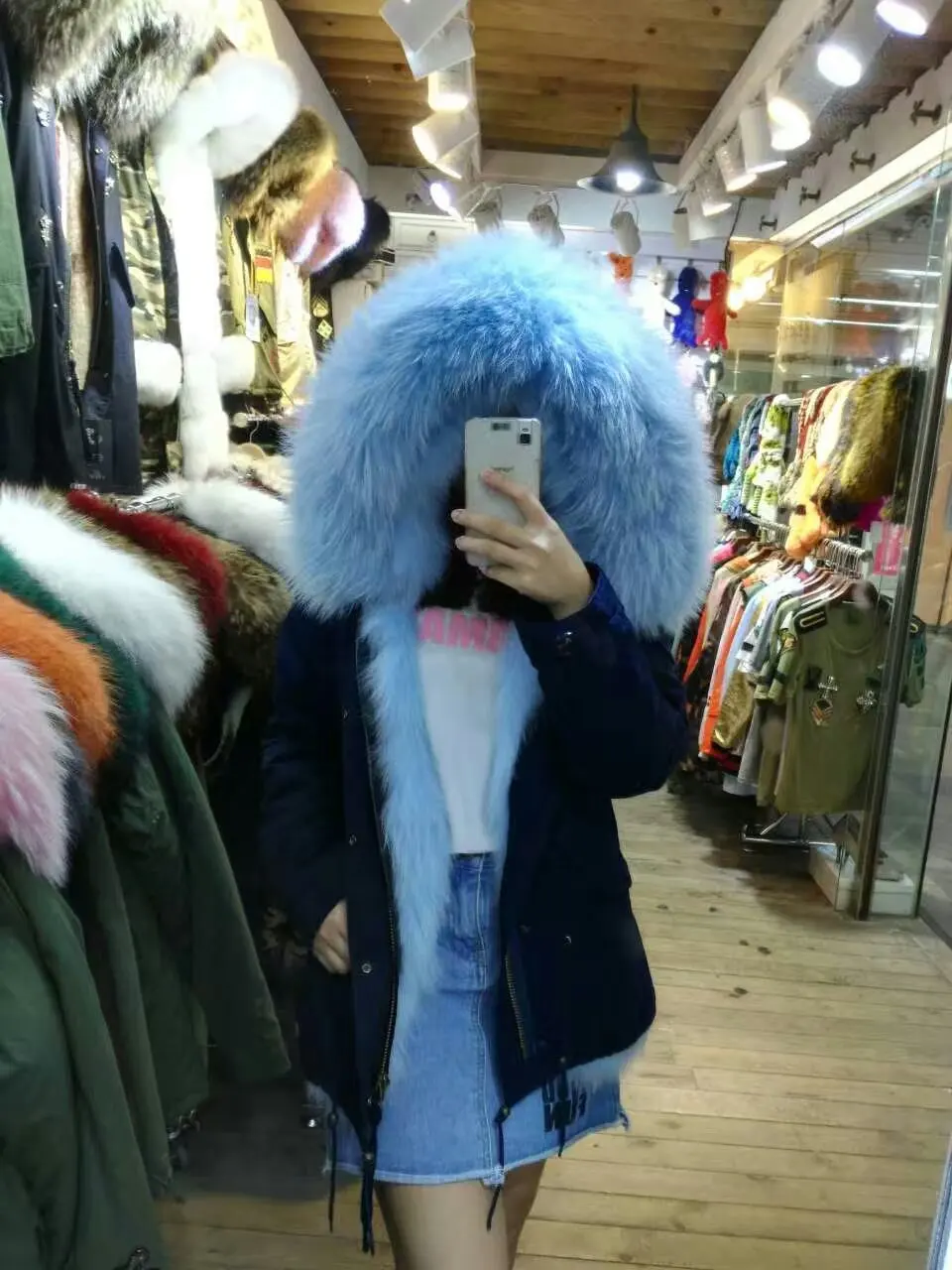 Hot Sale Nice Blue Fox Fur Lining Short Parka Winter Big Fur Collar Trim Overcoat For Women&Men Thick Warm Jacket