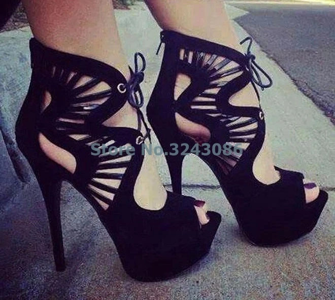 

Platform Lace Up Sky high Heels Sandals Peep Toe Hollow Out Thin High Heel Women Shoes Black Purple Suede Fashion Party Shoes