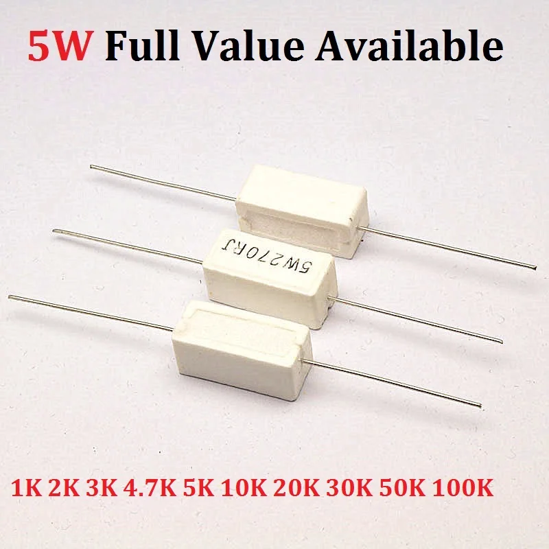 

10PCS/LOT 5W 1K/2K/3K/4.7K/5K/10K/20K/30K/50K/100K 5% Cement Resistor 5W1k Cement Resistors Resistance