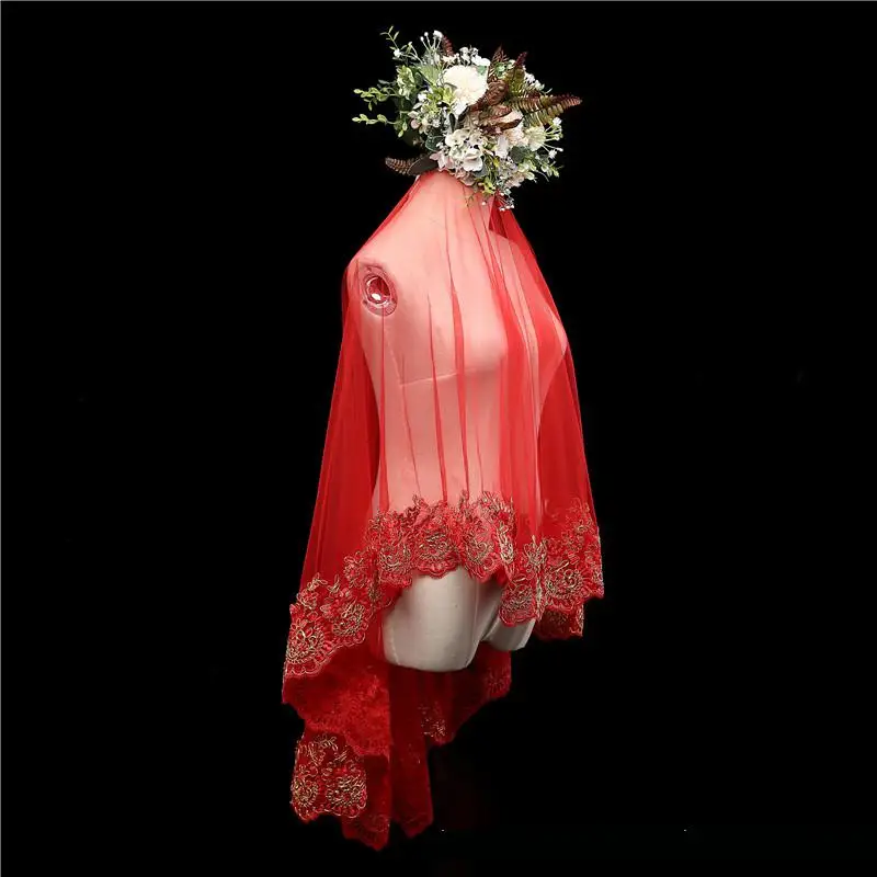 Vermelho brial véus uma camada adulto ouro renda borda appliqued casamento véu curto de novia 2022 accessoire mariage em estoque c