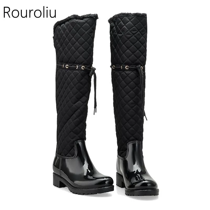 

Rouroliu Women Rubber Patchwork Rain Boots Square Heels Over Knee Winter Warm Fur Rainboots Water Shoes Woman TR219