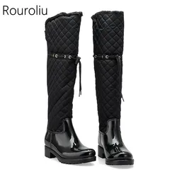 Rouroliu Women Rubber Patchwork Rain Boots Square Heels Over Knee Winter Warm Fur Rainboots Water Shoes Woman TR219