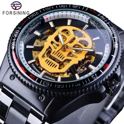 Fashion Forsining Brand Man Steampunk Skull Auto Mechanical Clock Black Full Stainless Steel Skeleton Dial Cool Design Watch