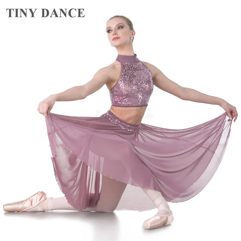 Purple Grey Sequin Lace Bodice Lyrical & Contemporary Dance Costume for Child and Adult Halter Neck Ballet Dancing Dress 18005