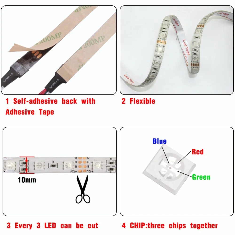 DC 12V LED Strip Light Tape Flexible Diode Ribbon SMD 5050 2835 1M 2M 3M 4M 5M RGB 24Key 44Key Power Remote Waterproof Lighting